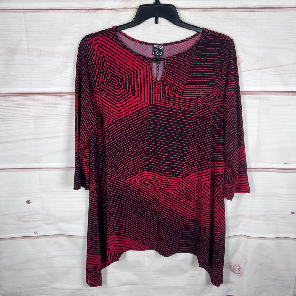 Ciara Sunwoo Tunic Top Women 1X Red Geometric Keyhole 3/4 Sleeve Blouse Travel